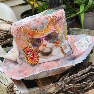 Designer Hat Ripped Shabby Chic Pearl Patched Cat Floppy Top Hat Upcycled